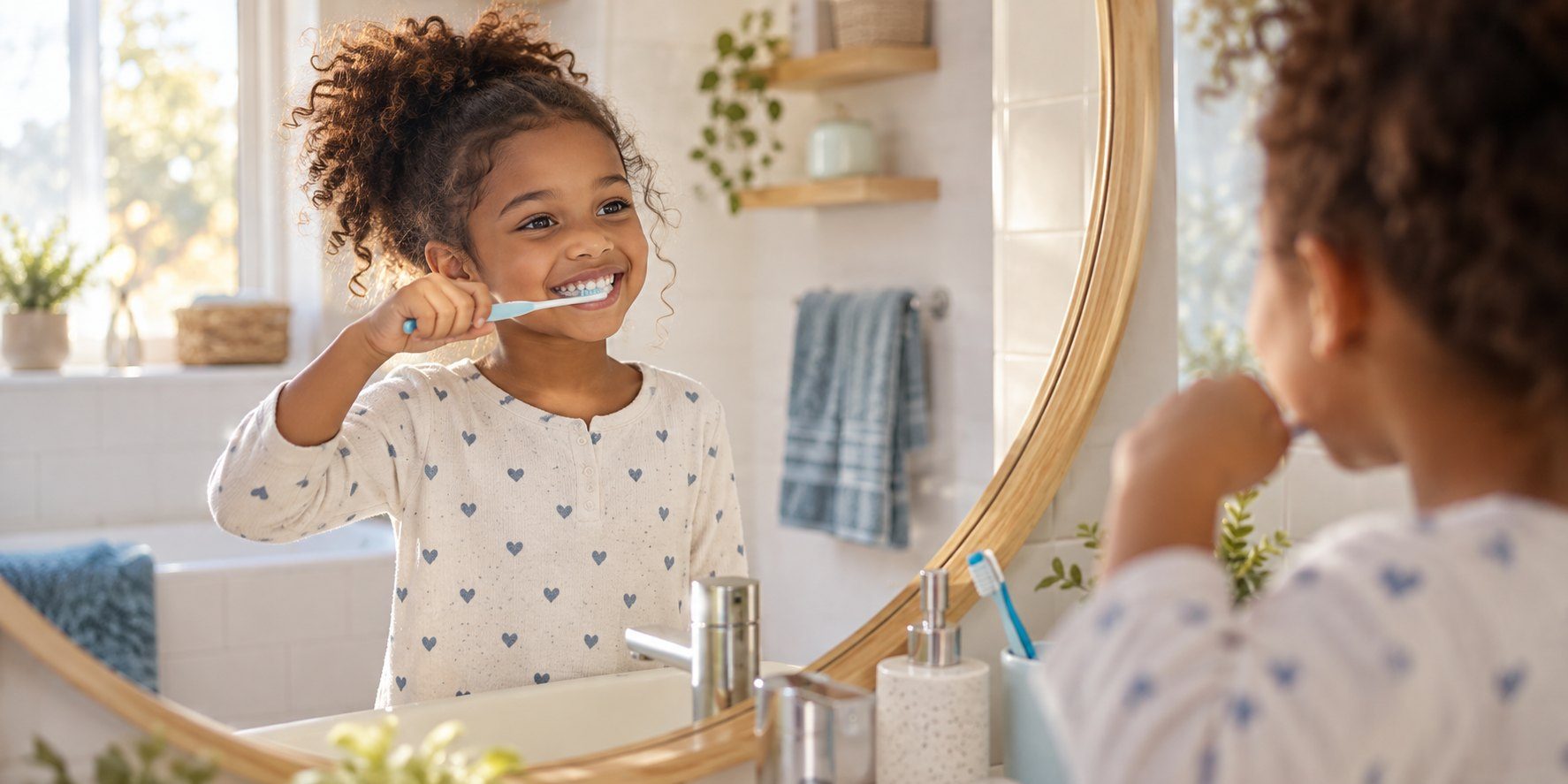 A young child smiling while brushing their teeth