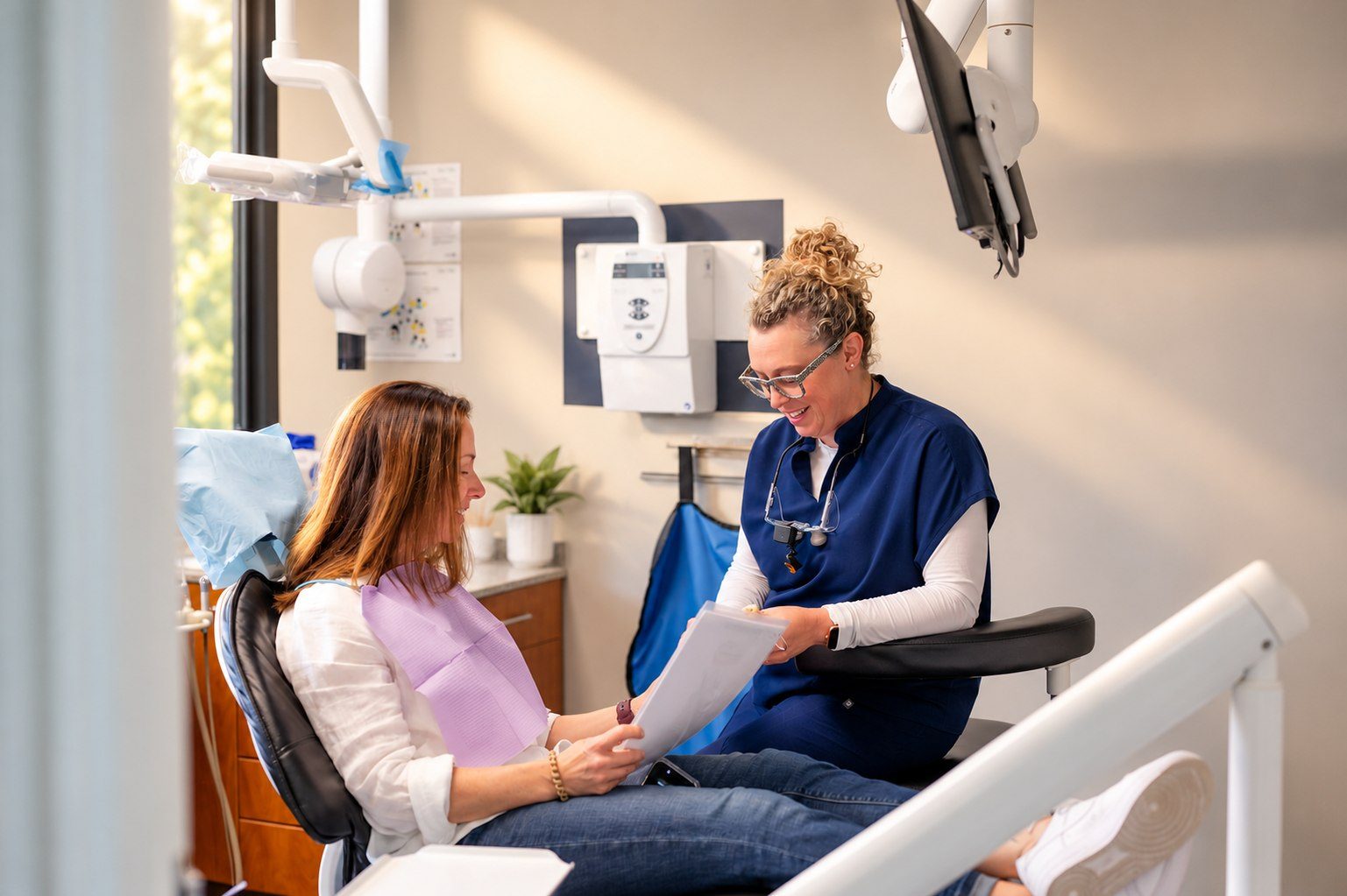 Dr. Meghan Reid reviewing a visit with a patient in the treatment room at Dearness Family Dentistry