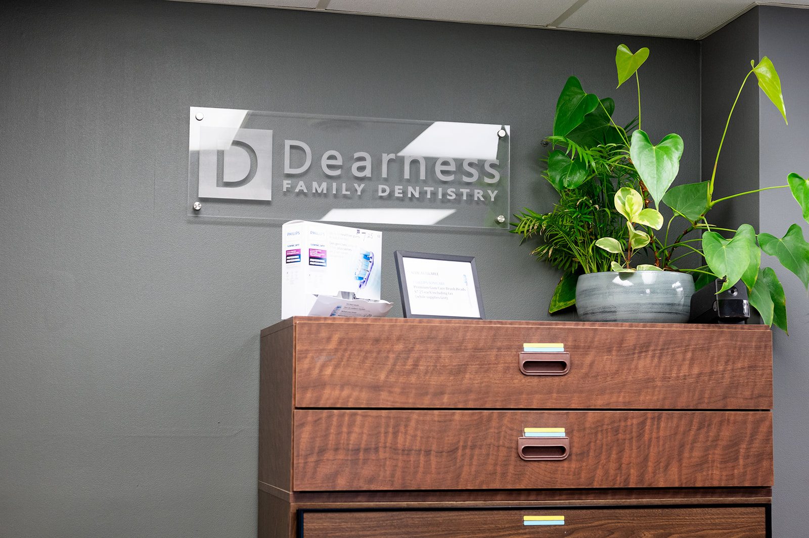 The Dearness Family Dentistry sign in the reception area