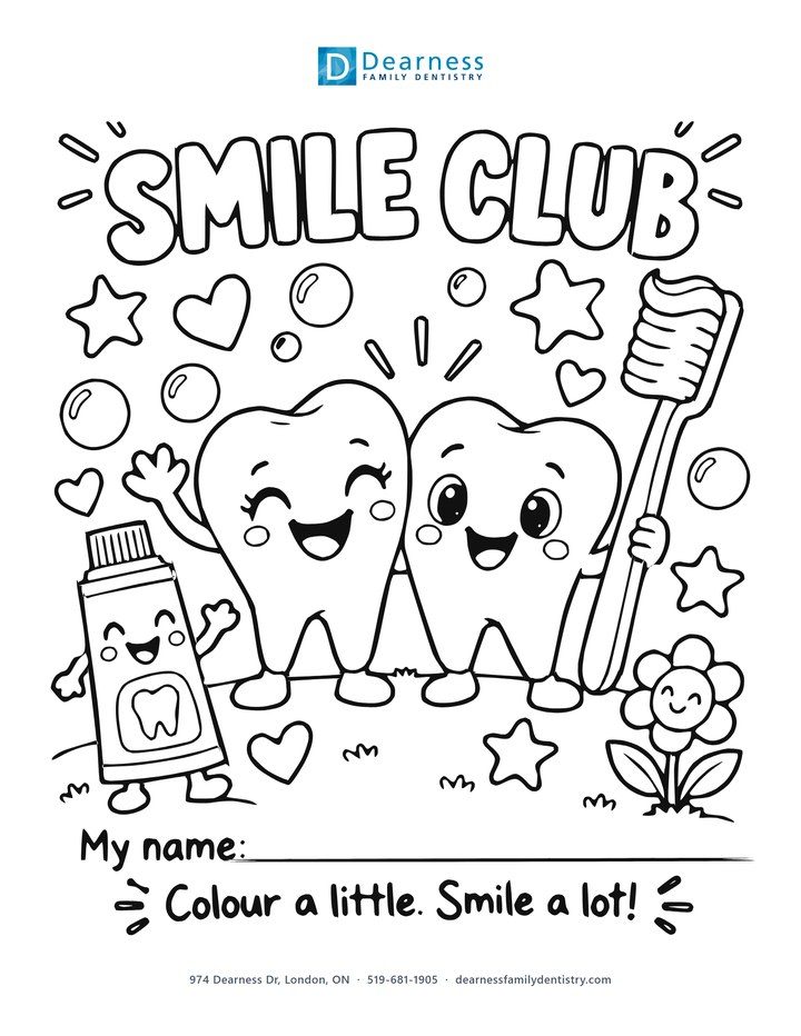 Preview of the Smile Club colouring page, with two smiling teeth, a toothbrush, a toothpaste tube and a flower to colour in